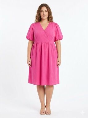 white birch Hot Pink Puff Sleeve Midi Dress